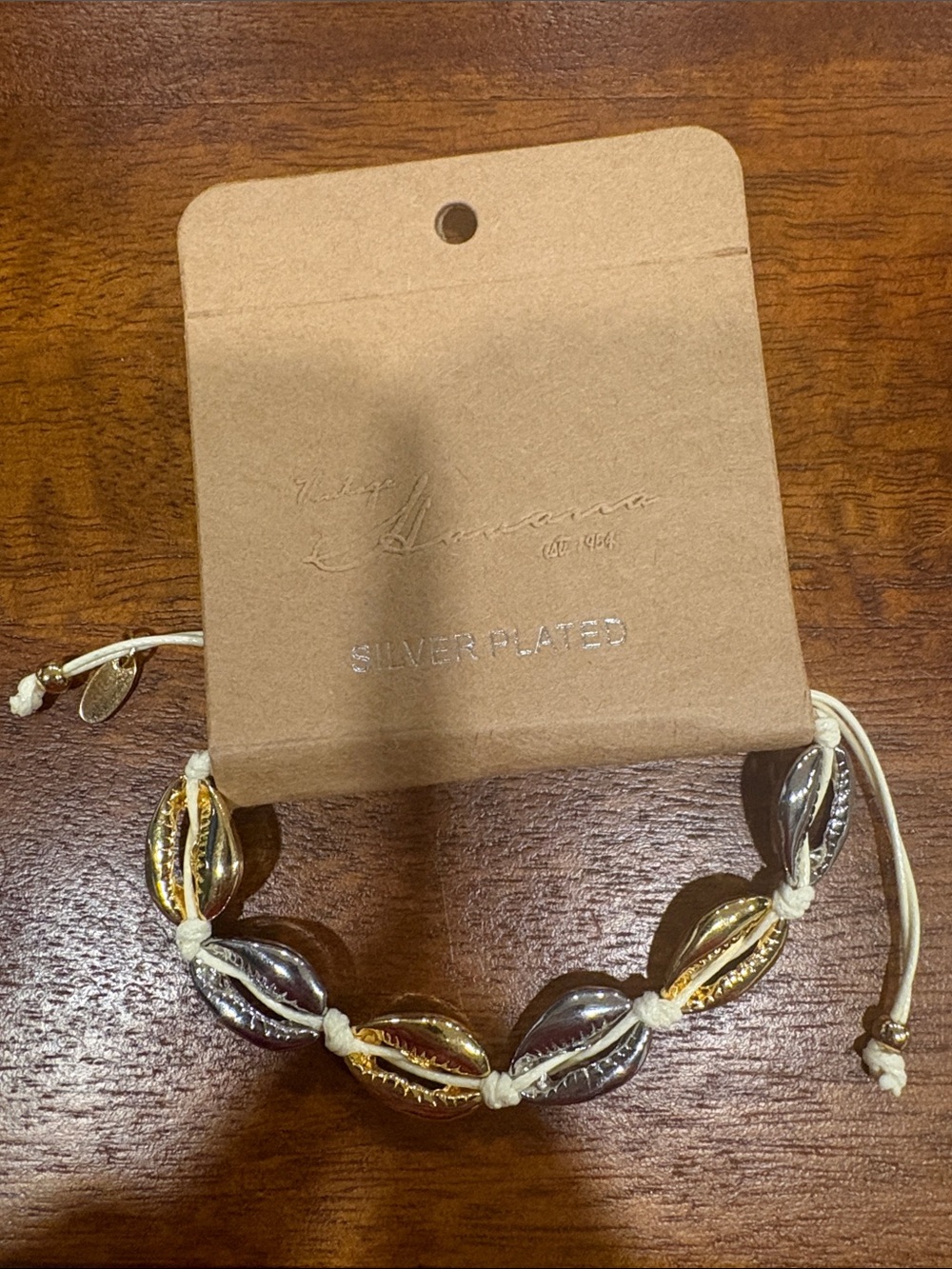 Vintage Havana Two-Tone Gold and Silver Shell Bracelet on Cream Cord